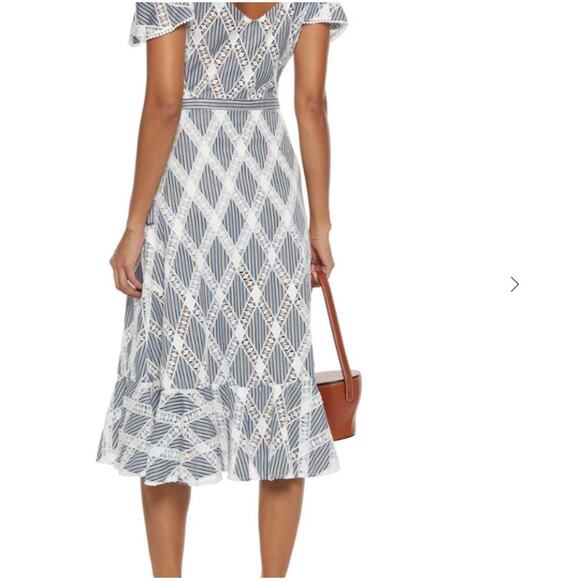 Sandro Womens US 4 Illa Midi Dress Striped Lace Cold Ruffle Shoulder Blue White - Picture 13 of 14